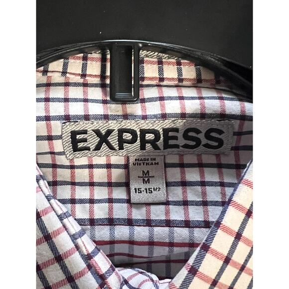 Express Mens Button Up Dress Shirt Size Medium Lightweight Plaid Red and Blue - Picture 3 of 4